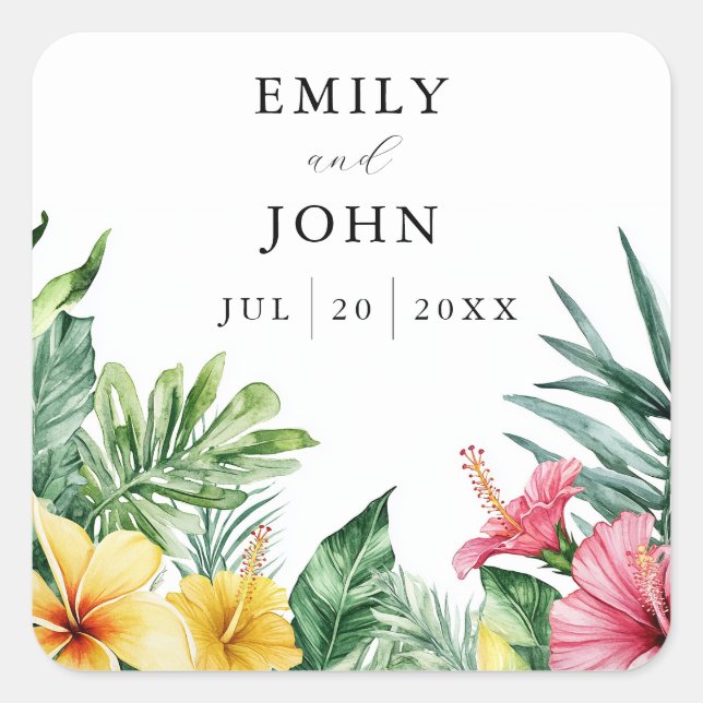 Elegant Watercolor Tropical Flowers Wedding Favour Square Sticker (Front)