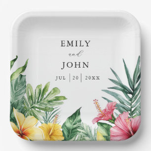 Elegant Watercolor Tropical Flowers Wedding Paper Plate