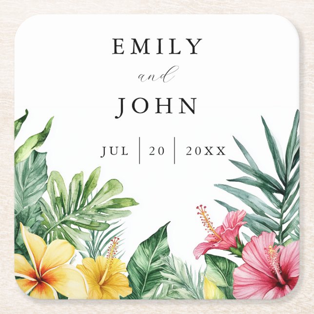 Elegant Watercolor Tropical Flowers Wedding Square Paper Coaster (Front)