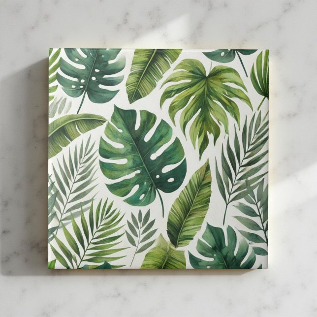 Elegant Watercolor Tropical Green Botanical Floral Tile (Creator Uploaded)