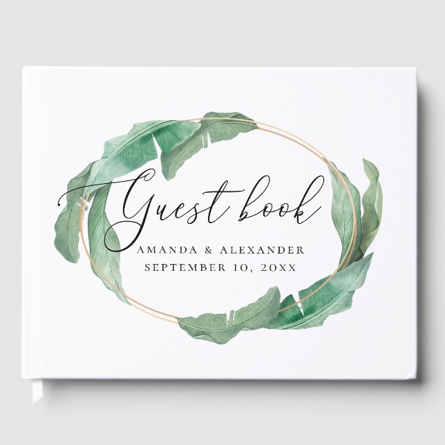 Elegant watercolor tropical greenery wedding guest book (Front)