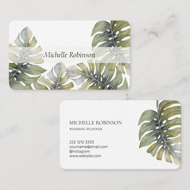 Elegant Watercolor Tropical Monstera Professional Business Card (Front/Back)