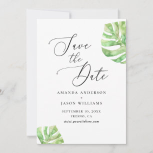 Elegant watercolor tropical monstera wedding save the date