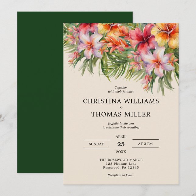 Elegant Watercolor Tropical Wedding Invitation (Front/Back)