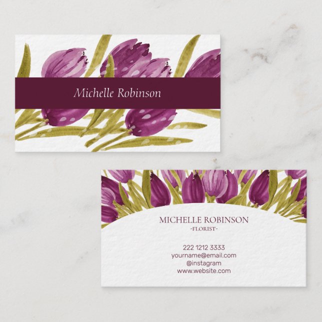 Elegant Watercolor Tulip Flowers Professional Business Card (Front/Back)