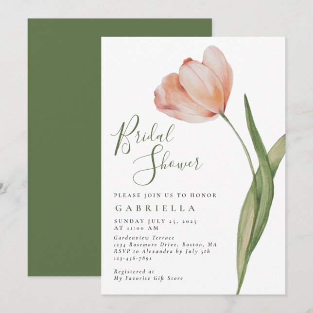 Elegant  Watercolor Tulip Green Bridal Shower Invitation (Front/Back)