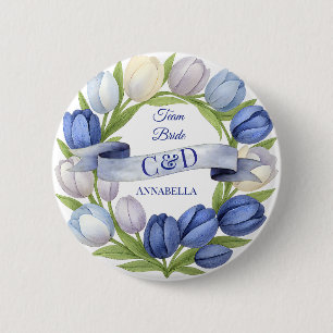 Elegant Watercolor Tulip Wreath Wedding Blue Ivory 6 Cm Round Badge