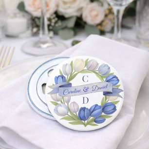 Elegant Watercolor Tulip Wreath Wedding Blue Ivory Bottle Opener