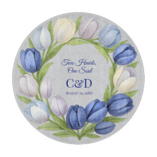 Elegant Watercolor Tulip Wreath Wedding Blue Ivory Cutting Board