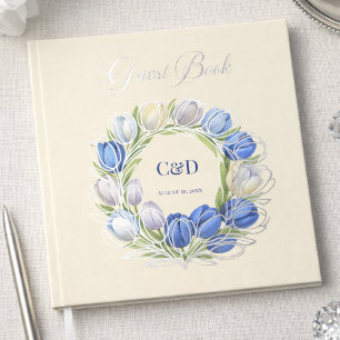 Elegant Watercolor Tulip Wreath Wedding Blue Ivory Guest Book