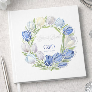 Elegant Watercolor Tulip Wreath Wedding Blue Ivory Guest Book