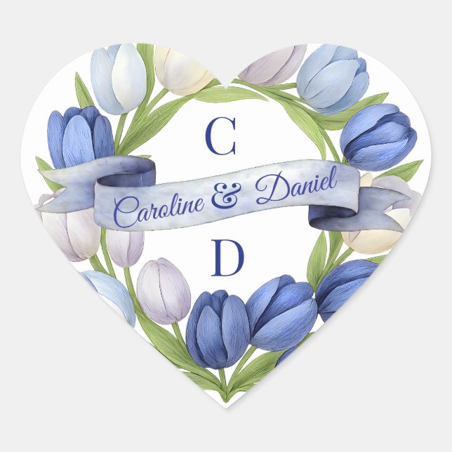 Elegant Watercolor Tulip Wreath Wedding Blue Ivory Heart Sticker (Front)