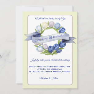 Elegant Watercolor Tulip Wreath Wedding Blue Ivory Invitation