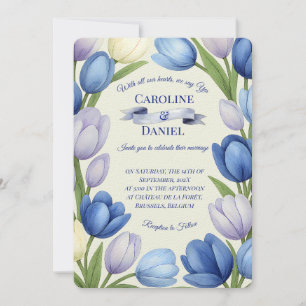Elegant Watercolor Tulip Wreath Wedding Blue Ivory Invitation