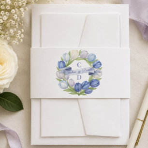 Elegant Watercolor Tulip Wreath Wedding Blue Ivory Invitation Belly Band