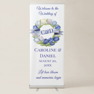 Elegant Watercolor Tulip Wreath Wedding Blue Ivory Retractable Banner