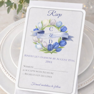 Elegant Watercolor Tulip Wreath Wedding Blue Ivory RSVP Card