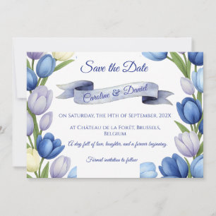 Elegant Watercolor Tulip Wreath Wedding Blue Ivory Save The Date