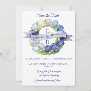 Elegant Watercolor Tulip Wreath Wedding Blue Ivory Save The Date