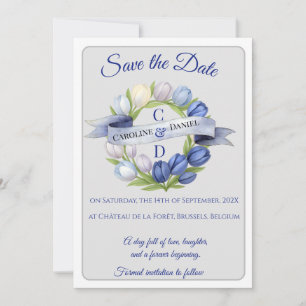 Elegant Watercolor Tulip Wreath Wedding Blue Ivory Save The Date