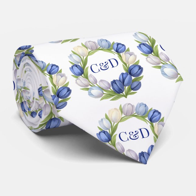 Elegant Watercolor Tulip Wreath Wedding Blue Ivory Tie (Rolled)