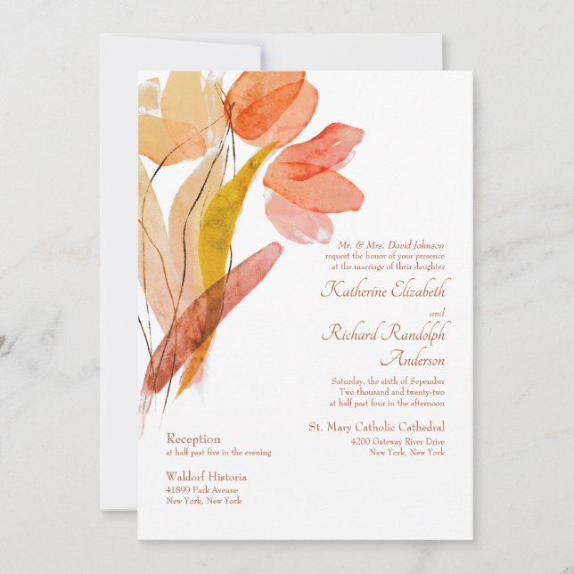 Elegant Watercolor Tulips Terracotta Wedding Invitation (Front)