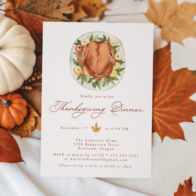 Elegant Watercolor Turkey Thanksgiving Dinner Invitation (Creator Uploaded)
