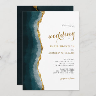 Elegant Watercolor Turquoise Gold Agate Wedding Invitation