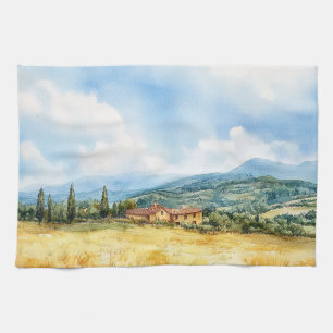 Elegant Watercolor Tuscan Mediterranean  Tea Towel