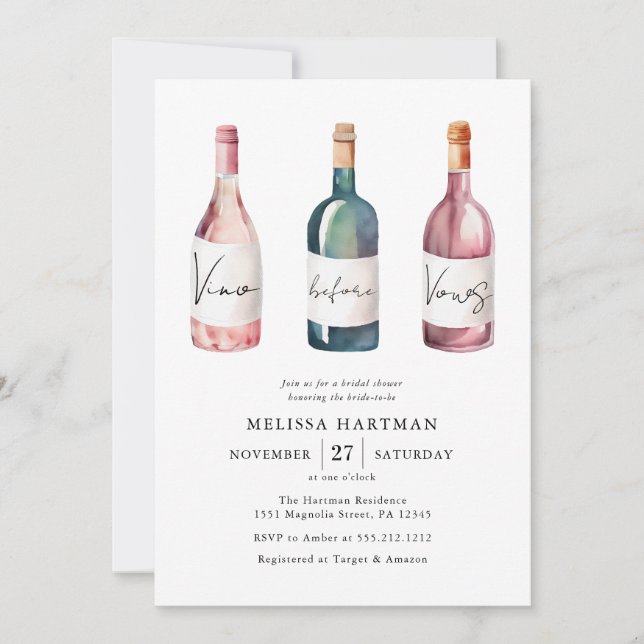 Elegant Watercolor Vino Before Vows Bridal Shower Invitation (Front)