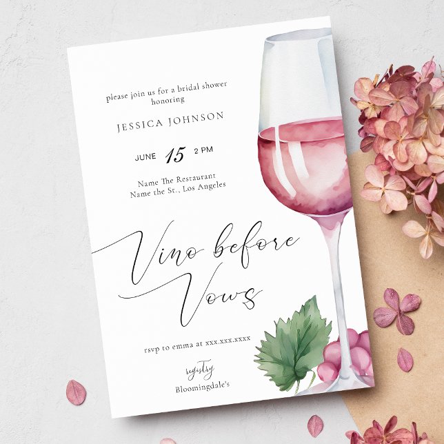 Elegant Watercolor Vino before Vows Bridal Shower Invitation (Creator Uploaded)