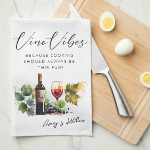 Elegant Watercolor Vino Vibes Vineyard Quote Tea Towel
