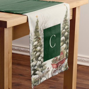 Elegant Watercolor Vintage Christmas Pine Tree Short Table Runner