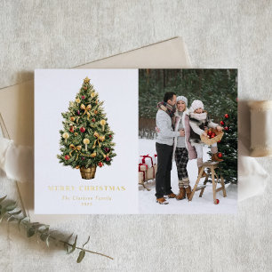 Elegant Watercolor Vintage Christmas Tree Photo Foil Holiday Card