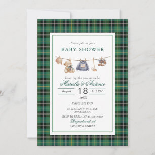 Elegant Watercolor Vintage plaid teddy bear Baby Invitation