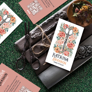 Elegant Watercolor Vintage Scissors & Floral Business Card