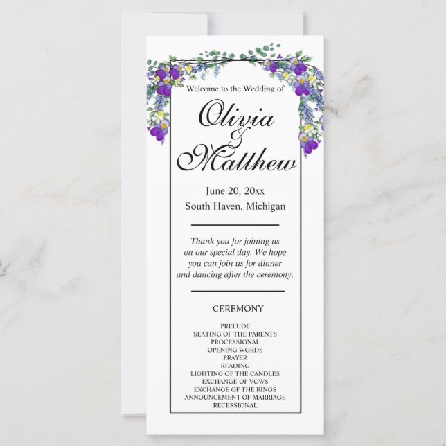 Elegant watercolor violet lavender Wedding program (Front)
