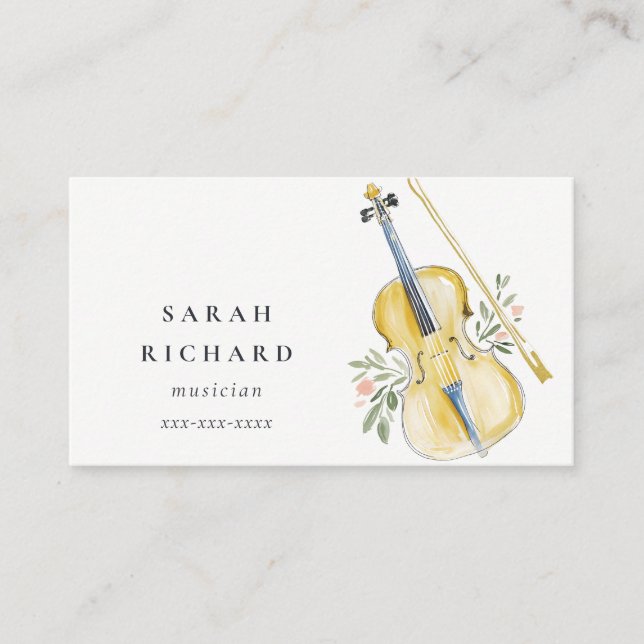 Elegant Watercolor Violin Musician Music Teacher Business Card (Front)