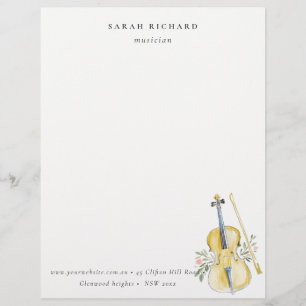 Elegant Watercolor Violin Musician Music Teacher Custom Letterhead