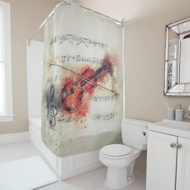 Elegant Watercolor Violin Rust Cream Black Shower Curtain (In Situ)