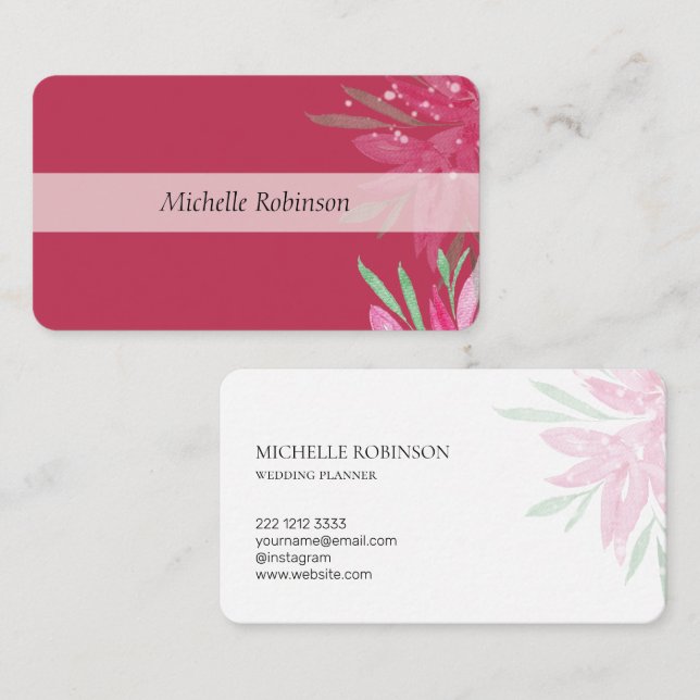 Elegant Watercolor Viva Magenta Floral Business Card (Front/Back)