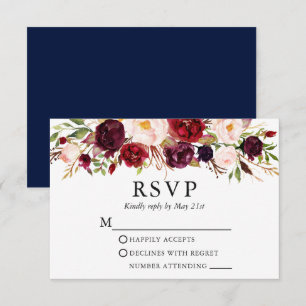 Elegant Watercolor Wedding Burgundy Floral Blue RSVP Card