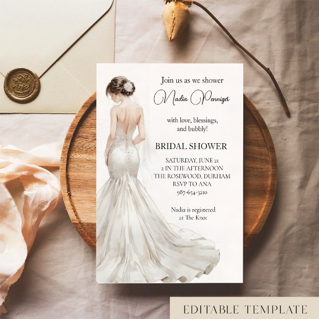 Elegant Watercolor Wedding Dress Bridal Shower  Invitation (Creator Uploaded)