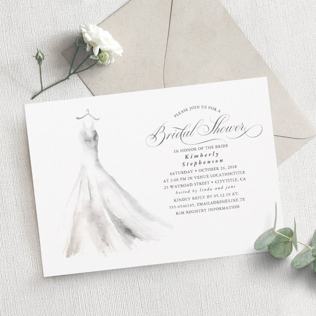 Elegant Watercolor Wedding Dress Bridal Shower Invitation (Creator Uploaded)
