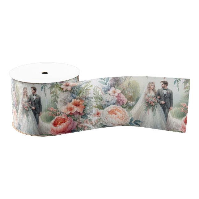 Elegant Watercolor Wedding Floral  Grosgrain Ribbon (Spool)