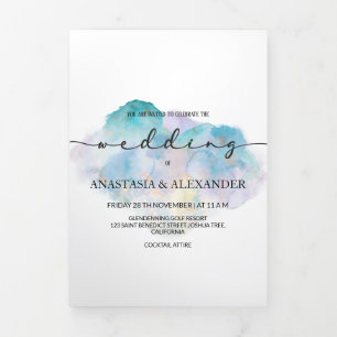 Elegant watercolor wedding invitation/menu/rsvp. Tri-Fold invitation