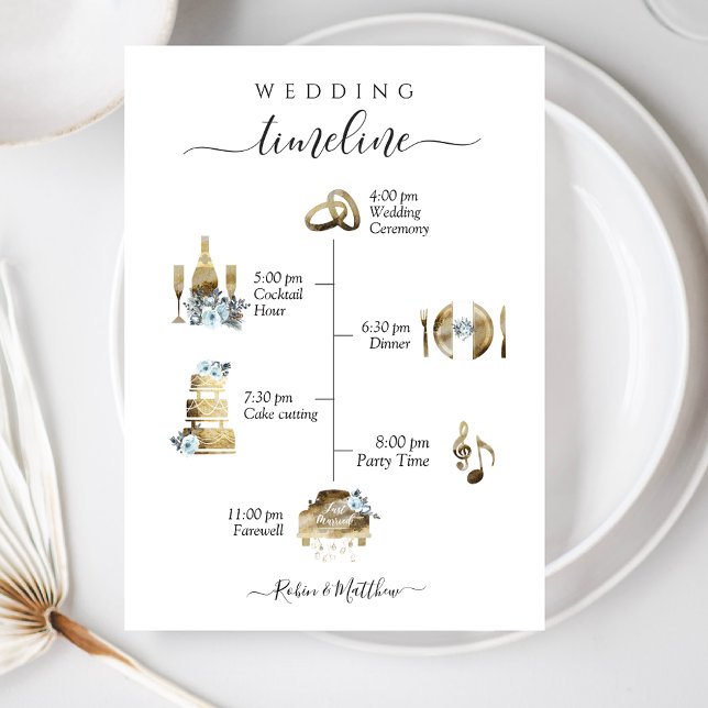 Elegant Watercolor Wedding Timeline Blue Floral Programme (Creator Uploaded)