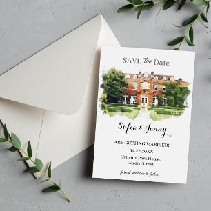 Elegant Watercolor Wedding Venue Sketch Save The Date