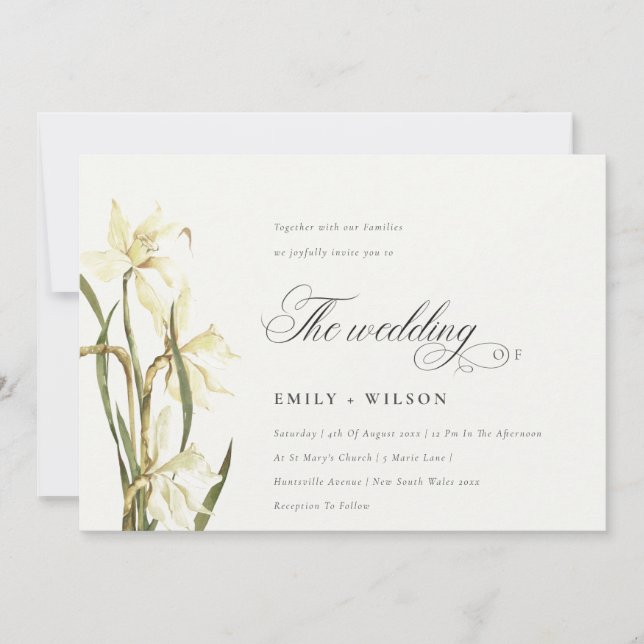 Elegant Watercolor White Daffodil Wedding Invite (Front)