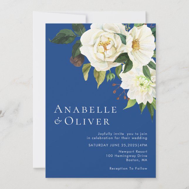 Elegant Watercolor White Floral Blue Wedding  Invitation (Front)